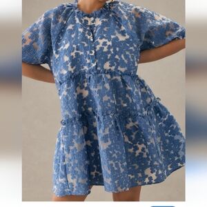 ANTHROPOLOGIE MAEVE JACQUARD TIERED  DRESS BLUE